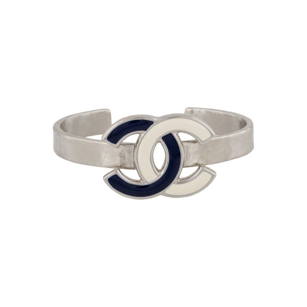 Chanel Silver-tone Interlocking CC Enamel Cuff Bracelet